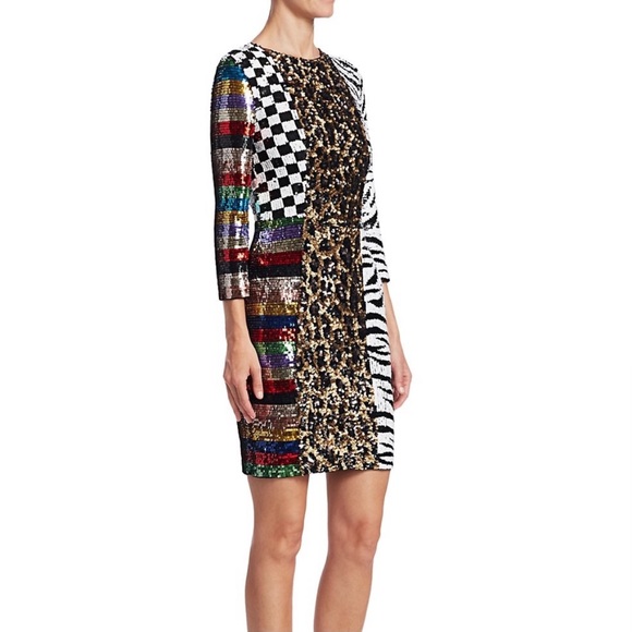 NWT: ALICE + OLIVIA | Jae Sequin Patchwork Sheath Dress - Picture 7 of 13